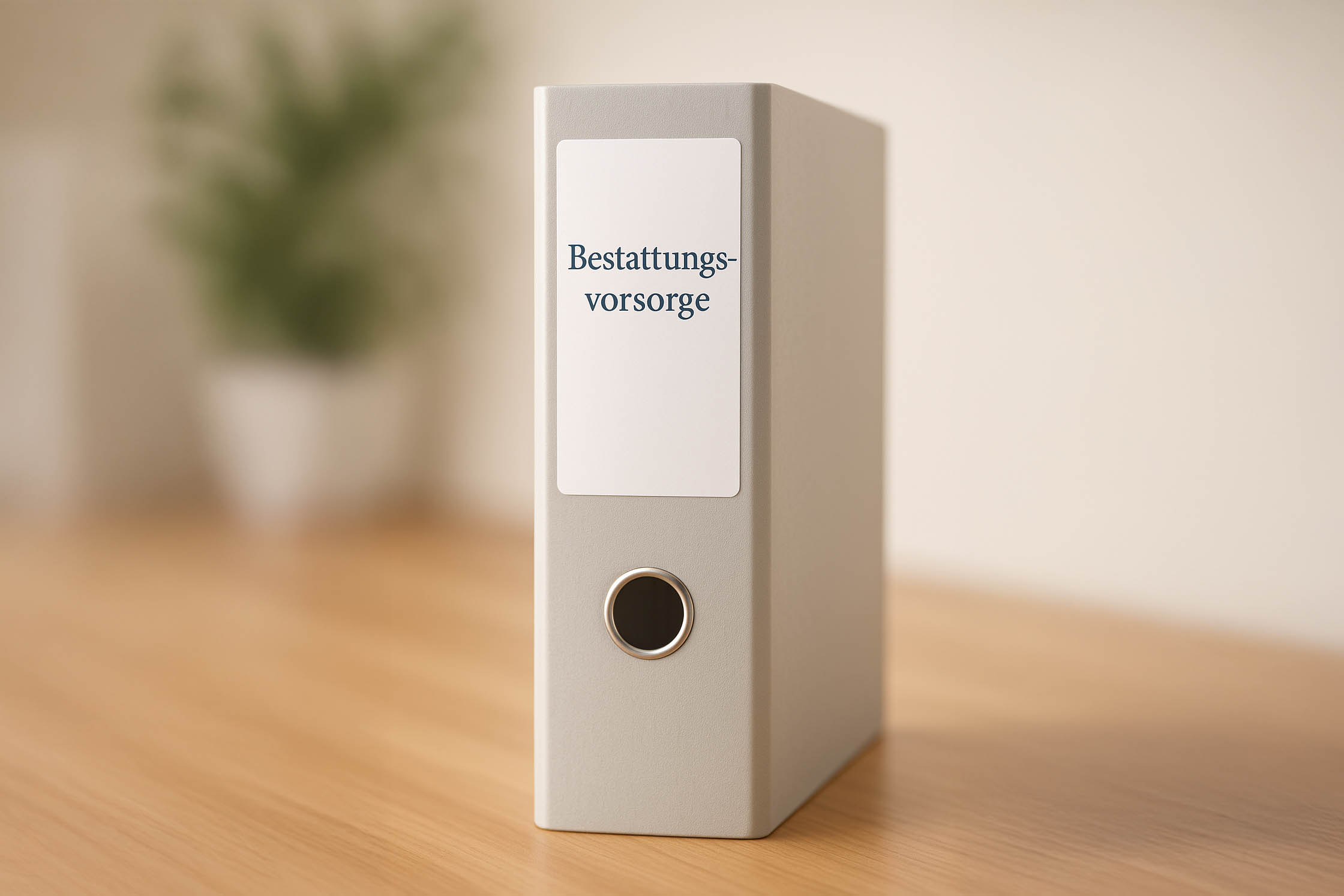 Das Bild zeigt einen Ordner mit der Aufschrift "Bestattungsvorsorge", welcher auf einer Holztischplatte steht