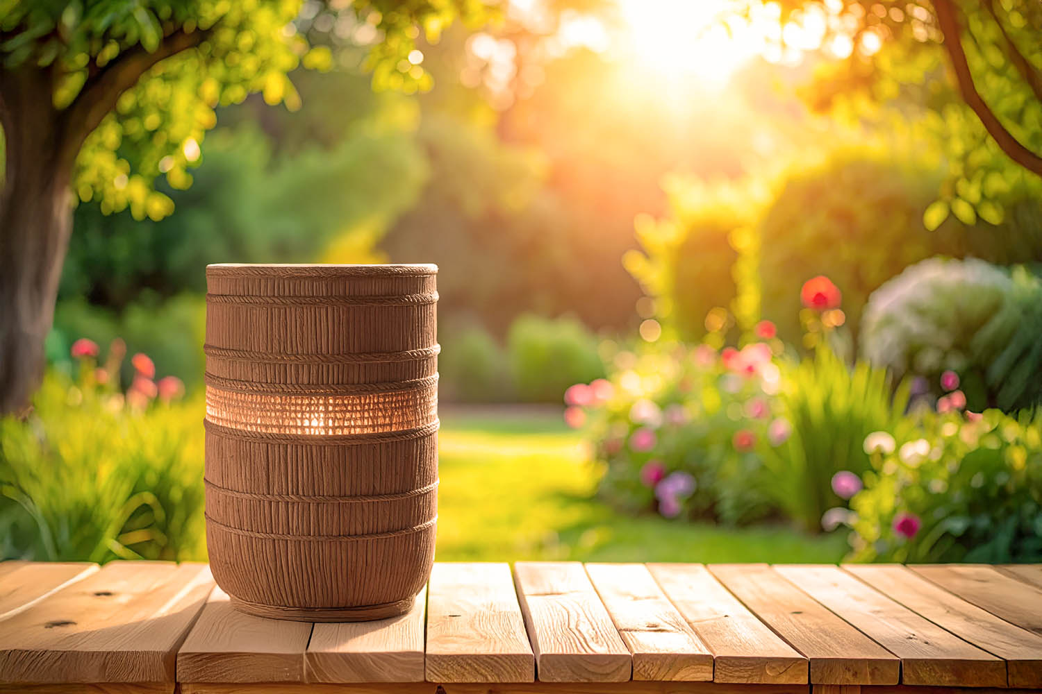Bild einer Urne auf Holzsteg und im verschwommenen Hintergrund befindet sich ein Garten